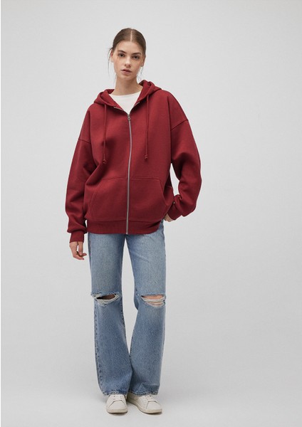 Kapüşonlu Fermuarlı Bordo Sweatshirt 1610221-85493 fiyatları
