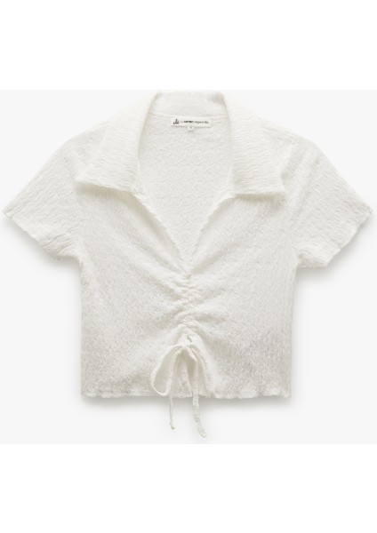 Bağlama Detaylı V Yaka Kısa Kollu Bürümcük Crop Tişört