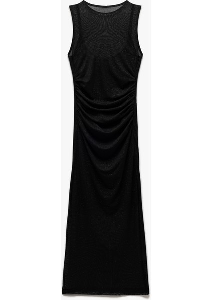 Sim Detaylı Astarlı Kolsuz Drapeli Tül Midi Elbise modelleri