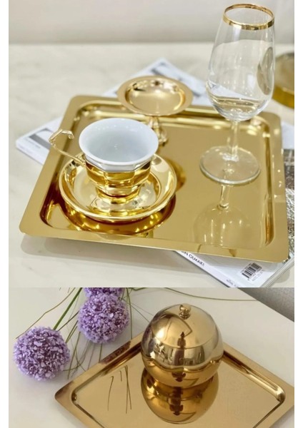 Paslanmaz Çelik Gold Renk Sunum Tepsisi 21 X 21 Cm Çay Kahve Pasta Tatlı Servis Sunum Tepsisi 6 Adet