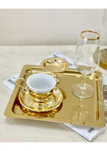 Paslanmaz Çelik Gold Renk Sunum Tepsisi 21 X 21 Cm Çay Kahve Pasta Tatlı Servis Sunum Tepsisi 6 Adet