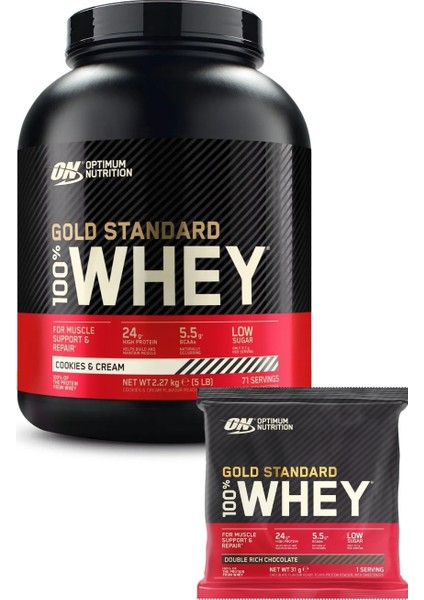 Whey Gold Standard Kurabiye ve Krema Aromalı 2.27KG 71 Servis Yüksek Protein Tozu - Whey Gold Standard Çikolata Aromalı Şase 31G 1 Servis