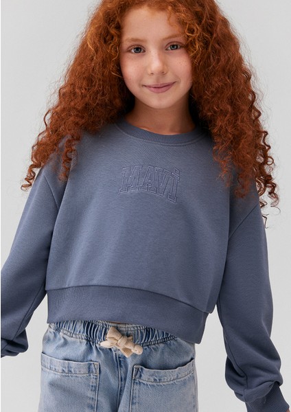 Logo Baskılı Mavi Crop Sweatshirt 7S10078-70871