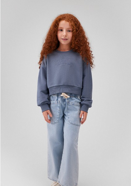 Logo Baskılı Mavi Crop Sweatshirt 7S10078-70871