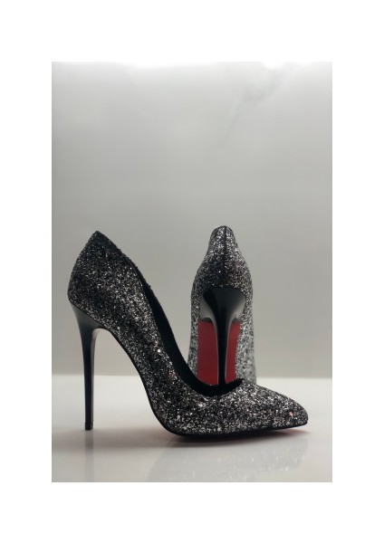 Siyah Gümüş Cam Kırığı Stiletto Topuklu Ayakkabı