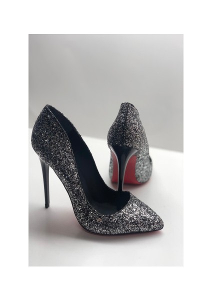 Siyah Gümüş Cam Kırığı Stiletto Topuklu Ayakkabı
