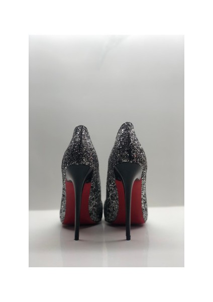 Siyah Gümüş Cam Kırığı Stiletto Topuklu Ayakkabı