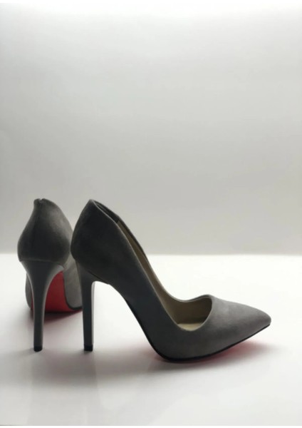 Gri Süet Stiletto Topuklu Ayakkabı