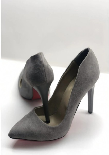 Gri Süet Stiletto Topuklu Ayakkabı