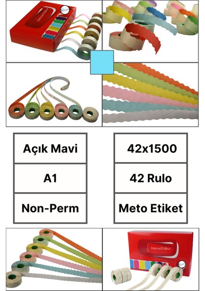| Meto Etiket | Açık Mavi | 42 Rulo | 42X1500 | A1 | Ürün Etiketi | Tabanca Etiketi