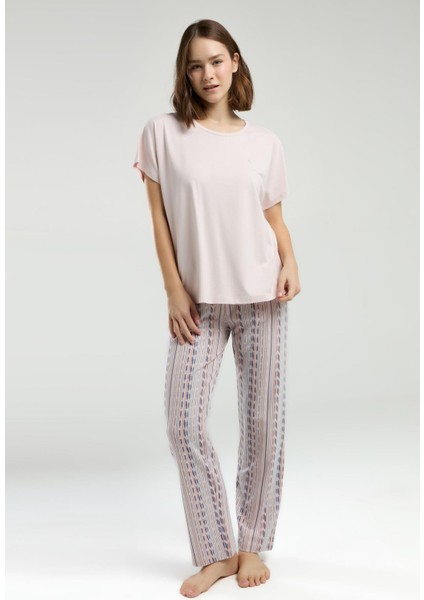 Modal Pamuk Pijama Takım, Üst Düz, Alt Desenli Cepli Yazlık Pijama Takım modelleri