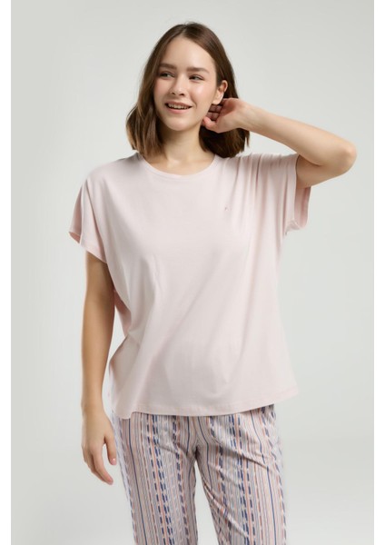 Modal Pamuk Pijama Takım, Üst Düz, Alt Desenli Cepli Yazlık Pijama Takım