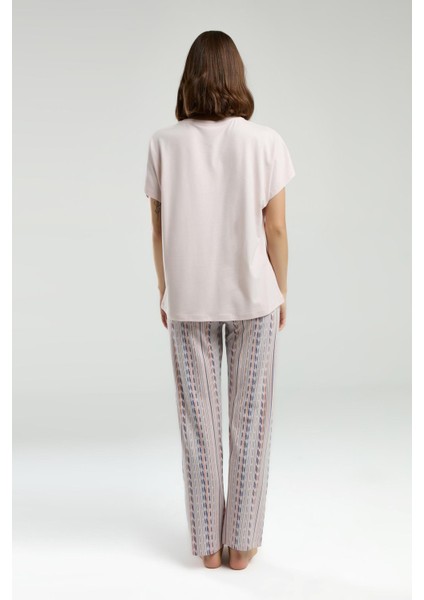 Modal Pamuk Pijama Takım, Üst Düz, Alt Desenli Cepli Yazlık Pijama Takım