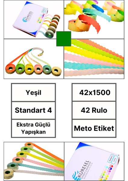 | Meto Etiket | Yeşil | 42 Rulo | 42X1500 | S4 | Ürün Etiketi | Tabanca Etiketi