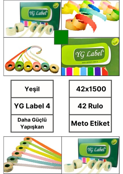 | Meto Etiket | Yeşil | 42 Rulo | 42X1500 | Yg Label 4 | Ürün Etiketi | Tabanca Etiketi