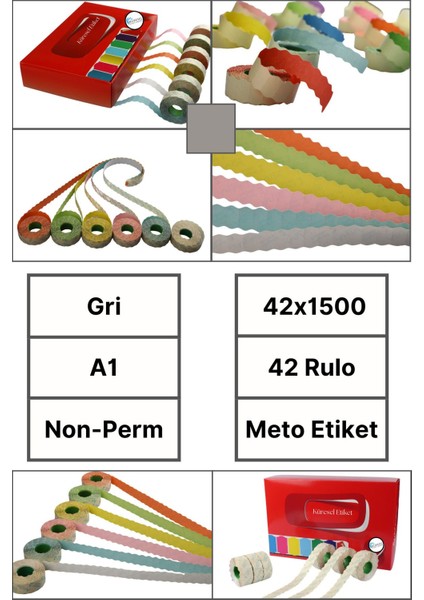 | Meto Etiket | Gri | 42 Rulo | 42X1500 | A1 | Ürün Etiketi | Tabanca Etiketi