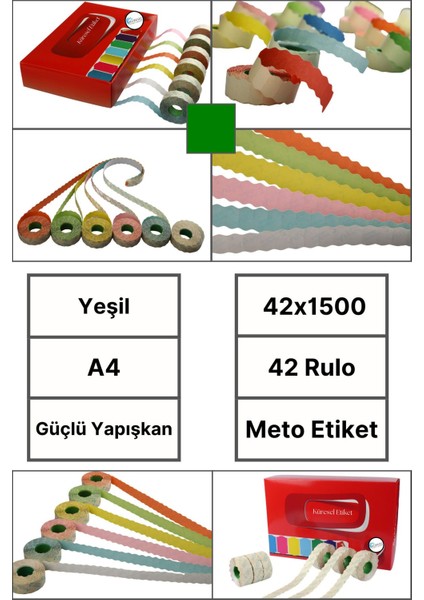 | Meto Etiket | Yeşil | 42 Rulo | 42X1500 | A4 | Ürün Etiketi | Tabanca Etiketi