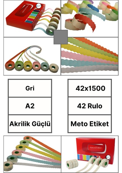 | Meto Etiket | Gri | 42 Rulo | 42X1500 | A2 | Ürün Etiketi | Tabanca Etiketi