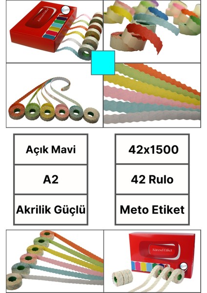 | Meto Etiket | Açık Mavi | 42 Rulo | 42X1500 | A2 | Ürün Etiketi | Tabanca Etiketi