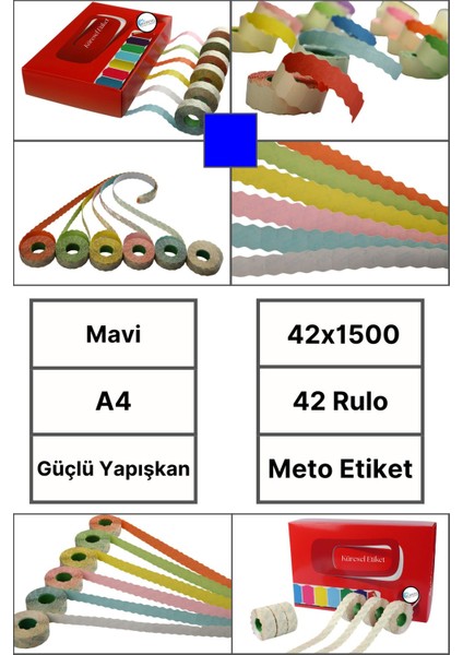 | Meto Etiket | Mavi | 42 Rulo | 42X1500 | A4 | Ürün Etiketi | Tabanca Etiketi