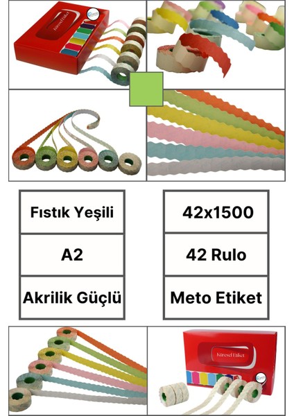 | Meto Etiket | Fıstık Yeşili | 42 Rulo | 42X1500 | A2 | Ürün Etiketi | Tabanca Etiketi