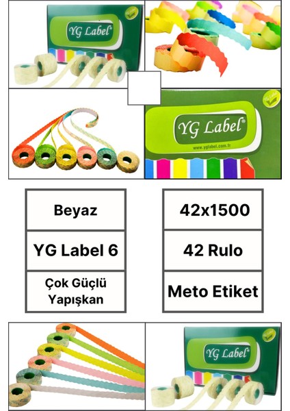 | Meto Etiket | Beyaz | 42 Rulo | 42X1500 | Yg Label 6 | Ürün Etiketi | Tabanca Etiketi
