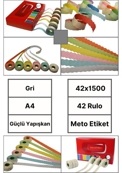 | Meto Etiket | Gri | 42 Rulo | 42X1500 | A4 | Ürün Etiketi | Tabanca Etiketi