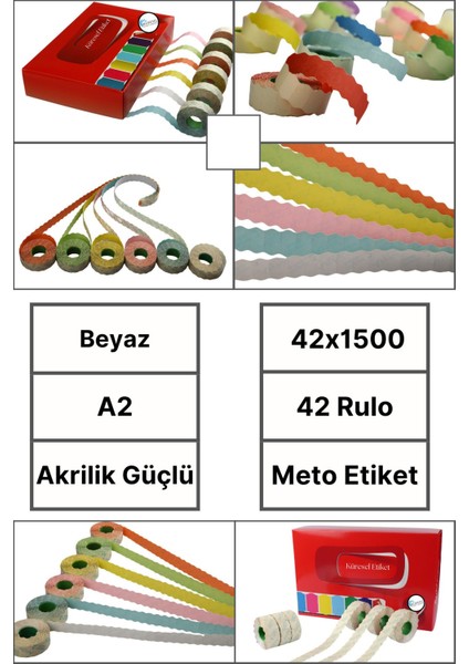 | Meto Etiket | Beyaz | 42 Rulo | 42X1500 | A2 | Ürün Etiketi | Tabanca Etiketi