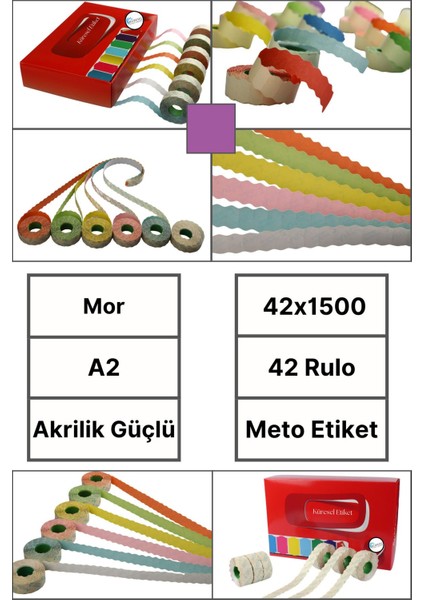 | Meto Etiket | Mor | 42 Rulo | 42X1500 | A2 | Ürün Etiketi | Tabanca Etiketi