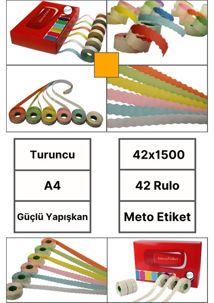 | Meto Etiket | Turuncu | 42 Rulo | 42X1500 | A4 | Ürün Etiketi | Tabanca Etiketi