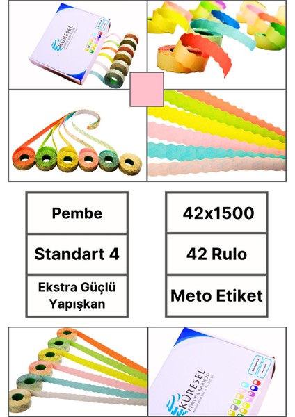 | Meto Etiket | Pembe | 42 Rulo | 42X1500 | S4 | Ürün Etiketi | Tabanca Etiketi