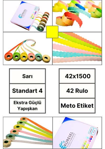 | Meto Etiket | Sarı | 42 Rulo | 42X1500 | S4 | Ürün Etiketi | Tabanca Etiketi