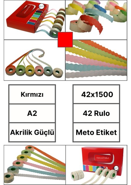 | Meto Etiket | Kırmızı | 42 Rulo | 42X1500 | A2 | Ürün Etiketi | Tabanca Etiketi