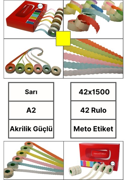 | Meto Etiket | Sarı | 42 Rulo | 42X1500 | A2 | Ürün Etiketi | Tabanca Etiketi