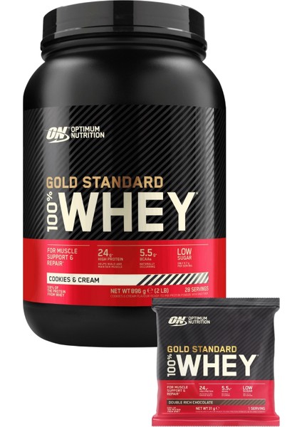 Whey gold Standard Kurabiye ve Krema Aromalı 896 g 28 Servis Yüksek Protein - Whey gold Standard Çikolata Aromalı Şase 31 g 1 Servis