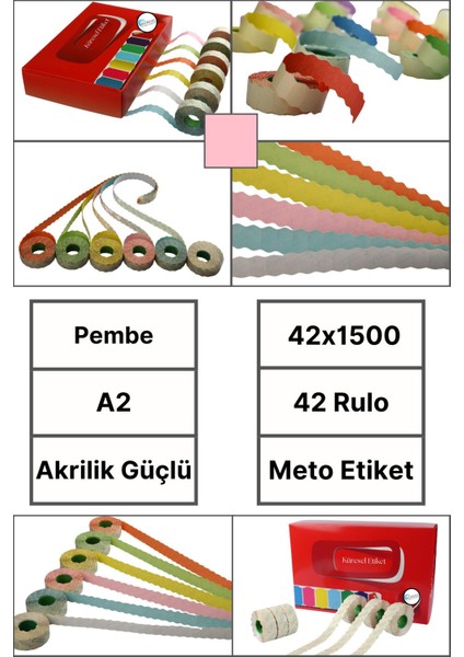 | Meto Etiket | Pembe | 42 Rulo | 42X1500 | A2 | Ürün Etiketi | Tabanca Etiketi