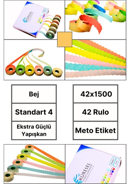 | Meto Etiket | Bej | 42 Rulo | 42X1500 | S4 | Ürün Etiketi | Tabanca Etiketi
