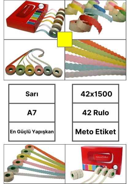 | Meto Etiket | Sarı | 42 Rulo | 42X1500 | A7 | Ürün Etiketi | Tabanca Etiketi