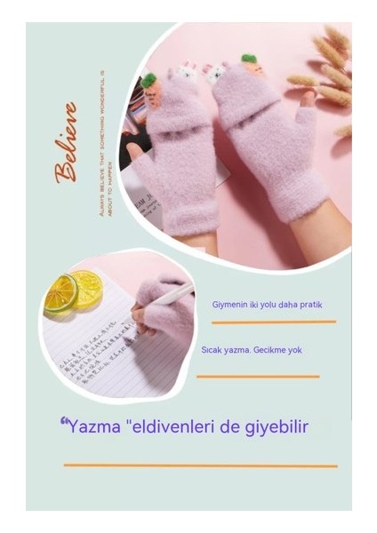 Sonbahar ve Kış Çocuk Eldivenleri Yarım Parmak Kapaklı Örme Sıcak Artı Kadife Eldivenler (Yurt Dışından)