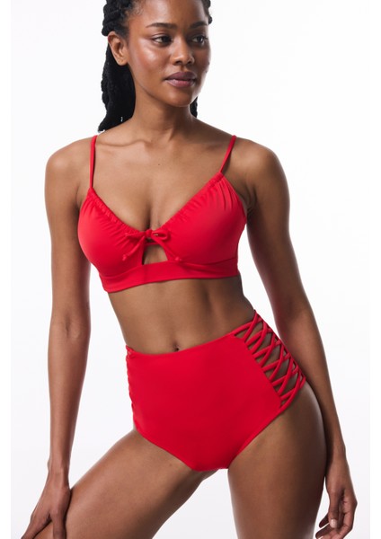 Kırmızı Front Opening Balenli Bikini Üstü