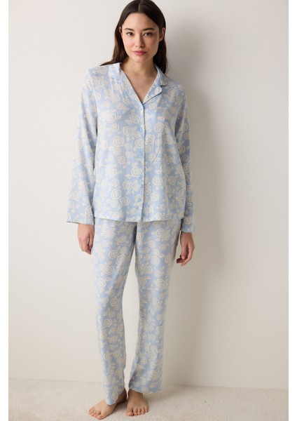 Roses Gömlek Pantolon Açık Mavi Pijama Takımı