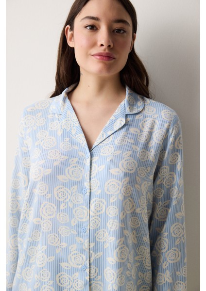 Roses Gömlek Pantolon Açık Mavi Pijama Takımı
