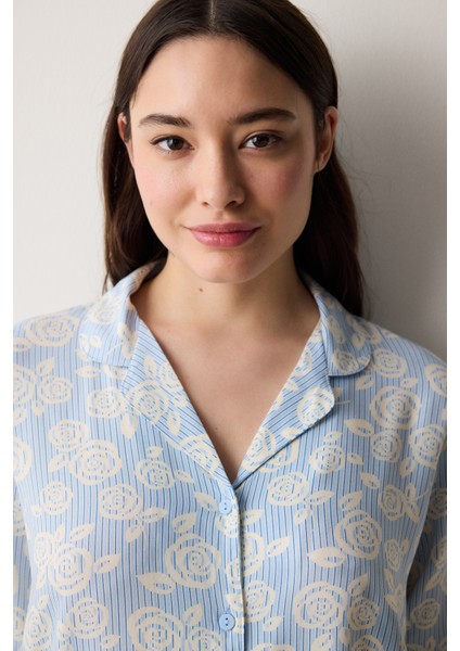 Roses Gömlek Pantolon Açık Mavi Pijama Takımı