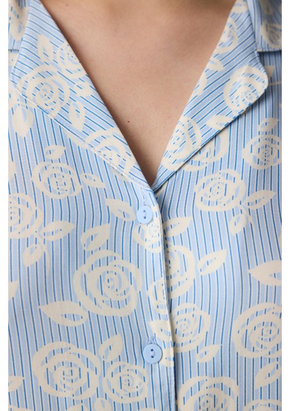 Roses Gömlek Pantolon Açık Mavi Pijama Takımı