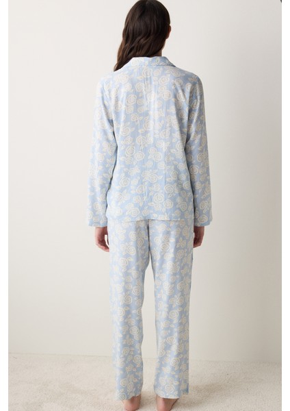 Roses Gömlek Pantolon Açık Mavi Pijama Takımı