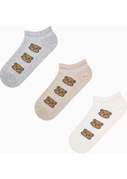 Jacquard Bear Açık Gri 3lü Patik Çorap
