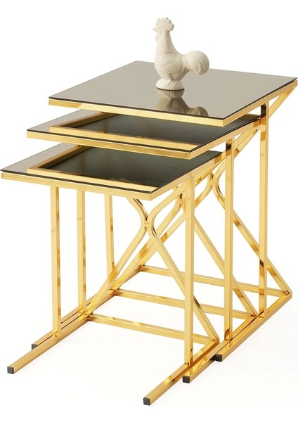 Nlsn Dikdörtgen Cam Zigon Sehpa 3 Lü Gold Kaplama Bronz Cam