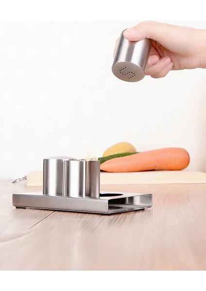 Mat Çelik 4 Parça Tuz Karabiber Kürdanlık Standlı Baharatlık Set CIN975