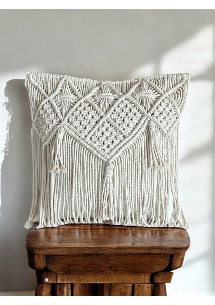 Makrome Kırlent Kılıfı, Bohem Ev Dekoru, El Yapımı Yastık KILIFI,42 x 42 cm Ekru Renk Yastık Kılıfı fırsatları