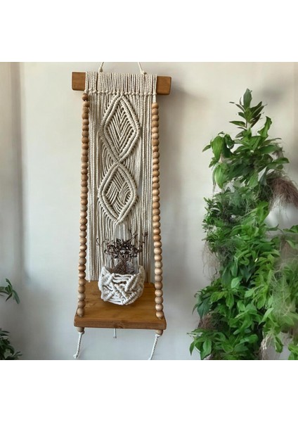 Boncuklu Makrome Duvar Rafı, Bohem El Yapımı Dekoratif Ahşap Raflı Duvar Süsü,